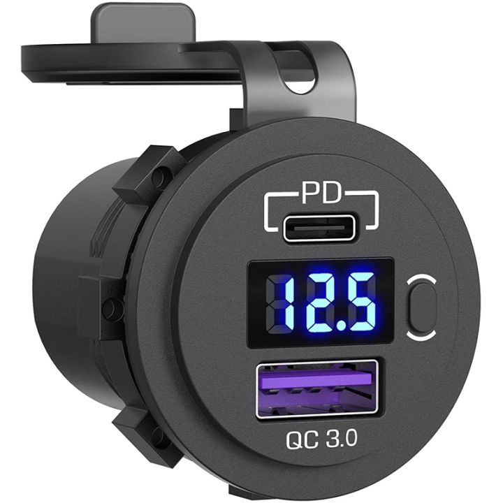 PD Type C 48W Dual USB Car Charger Socket, QC  Car Fast Charger with  Voltmeter and Switch for Boat Truck RV 