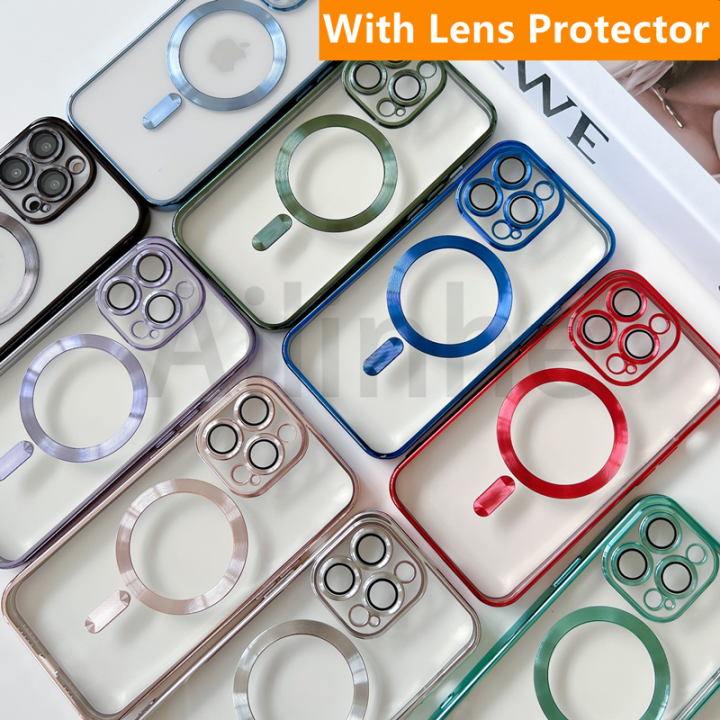 เคสป้องกันเลนส์ชุบแฟชั่นสำหรับ-iphone-11-12-13-14-15-pro-max-14-plus-กล้องซิลิโคนเคสป้องกันระบบชาร์จแม่เหล็กไร้สาย