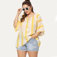 COD DDDGRYTRY Oladivi Plus Size Women Clothing Fashion Ladies Short Sleeve O-Neck Oversized Striped Blouses Summer Casual Loose Shirts Tops 883 XL XXL 3XL 4XL 5XL F046