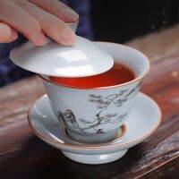 Ruyao ถ้วยแก้ววาดด้วยมือเคลือบ Sancai Gaiwan มีฝาปิดจานรองแก้วโถเครื่องปรุงเซรามิค Tureen 145มล. ในประเทศจีนบนลดราคาใหม่