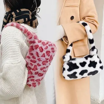 Hello Kitty Plush Shoulder Bags For Women Female Winter Plush Underarm Bags  Leopard Zebra Pattern Fluffy Tote Bags Small Purses