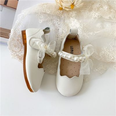 New Girls Single Princess Shoes Pearl Shallow Childrens Flat Kids Baby Bowknot Shoes 2022 Spring Autumn Wedding Party Gift