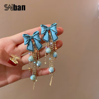 Saiban สไตล์เกาหลีต่างหูผู้หญิง 925 เงินเข็มพู่เงาเพชรคริสตัลโบว์ต่างหูSaiban Korean Style Women Earrings 925 Silver Needle Tassel Shiny Diamond Crystal Bow Earrings