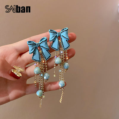 Saiban สไตล์เกาหลีต่างหูผู้หญิง 925 เงินเข็มพู่เงาเพชรคริสตัลโบว์ต่างหูSaiban Korean Style Women Earrings 925 Silver Needle Tassel Shiny Diamond Crystal Bow Earrings