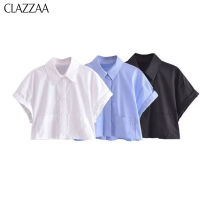 CLAZZAA Women Fashion Cropped Shirt Lapel Collar Short Sleeves Female Chic Lady Basic Short Blouse dbn