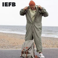 IEFB ผู้ชายสวมใส่หลายกระเป๋า Workwear Jumpsuit สีดำสีเขียวเดี่ยวหน้าอกหลวมแขนยาวเปิดลงปกกางเกง9Y4105...