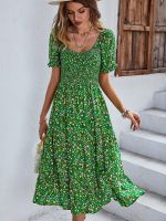 2022 New Spring Summer Long Print Dress Women Casual Bohemian Short Sleeve High Waist Flroal Dresses For Ladies Leisure