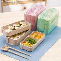 ♦✟✷ 3 Pack Stackable Bento Box Adult Japanese Lunch Box Kit with Spoon Fork 3-In-1 Compartment Wheat Straw Meal Prep Containers