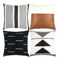 16X Modern Design Short Plush Black White Geometric Faux Leather Set (18 Inch x 18 Inch)