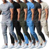 【hot seller】 mens suit casual sports T-shirt trousers male solid short-sleeved two-piece