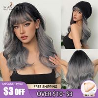 EASIHAIR Long Wavy Silver Gray Synthetic Wigs with Bangs Ombre Ash Cosplay Hair Wigs for Women Daily Party Heat Resistant Fiber