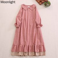 Mori Girl Plaid Peter Pan Collar Long Sleeve Dress For Women New Autumn Japan Sweet Cotton Loose Dresses Casual Female Vestidos