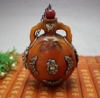 ✚☾ Copper Statue Antique bag silver inlaid with yellow wax snuff bottle