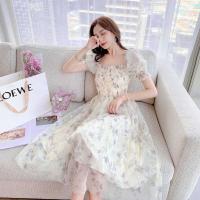 Summer New French Ink Painting Bubble Sleeve Waist Show Thin Temperament Lady Floral Chiffon Dress