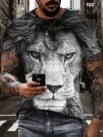 NianMiao Animal Theme 3D Digital Fierce Lion Pattern Print Graphic T-shirts, Causal Tees, Short Sleeves Comfortable Pullover Tops, Mens Summer Clothing