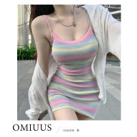 [OMIUUS] เดรสสายรัดลายทางสีรุ้ง Cewek Seksi หวานชุดเดรสสะโพกเสื้ื้อคลุมตัวยาวสตรีเปิดหลังแบบถักแนวนางฟ้าเซ็กซี่