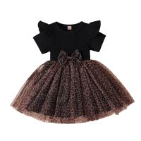 Kids Infant Baby Girls Casual Dress, Short Sleeve Leopard Printed Ruffled Bowknot Mesh Patchwork Dress 1-5T  by Hs2023