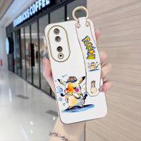 เคสสำหรับ Honor โทรศัพท์90 5G 90 Lite 5G พร้อมสายรัดข้อมือขอบสี่เหลี่ยมนิ่มตัวการ์ตูนน่ารักลายปิกาจูชุบเคสโทรศัพท์หรูหราชุบเคสโทรศัพท์นิ่ม