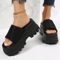 2023 Summer Brand New Women Single Band Platform Sandals Black Nylon Chunky Platform Wedges Slipper Sandals