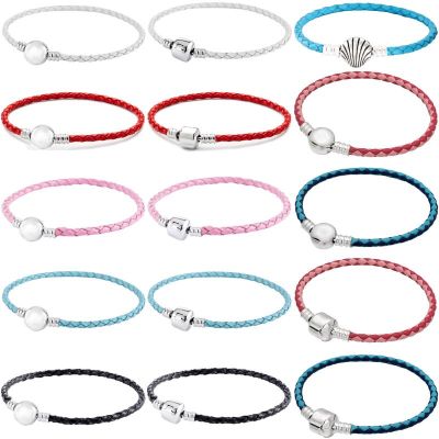16-44 Genuine Woven Leather Ball Barrel &amp; Seashell Clasp Bracelet Bangle Fit Fashion 925 Sterling Silver Bead Charm DIY Jewelry