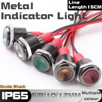 6/8/10/12MM LED Metal Power Indicator Light With Wire Oxide Black Shell Flat Head 6V/24V/220V Red Yellow Blue Green White