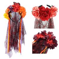 Black&amp;Red Day Of The Dead Veil Mexico Fancy Dress Halloween Party Mesh Hair Accessories Flower Hair Bands For Women Headband