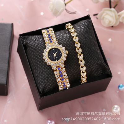 【Hot seller】 2pcs set ladies bracelet watch foreign trade hot style diamond-encrusted womens simple full diamond fashion all-match