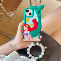 เคสสำหรับ iPhone 12 13 14 Pro Max การ์ตูนน่ารัก3มิติรูปนางเงือกปลาสวยงาม + ประดับด้วยลูกปัดซิลิโคนนิ่มเคสสำหรับไอโฟนโทรศัพท์11