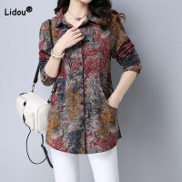 【YY】Vintage Elegant Womens Long Sleeve Printed Blouse Fashion Turn-down Collar Single-breasted Midi Shirt Female Spring Autumn