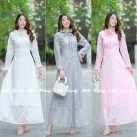 dee-ya shop เสื้อผ้าแฟชั่น Maxi Dress เดรสลูกไม้แขนยาว  สีขาว เทา ชมพู พร้อมส่ง