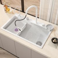 Cascade Évier de Cuisine Blanc Grande Fente Unique Nano 304 Évier de Cuisine En Acier inoxydable Avec Robinet À Cascade Pour La Cuisine