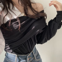 Gagaok Korean Chic Spring Temperament Simple One-Word Neck Strapless Irregular Contrast Color Stitching Lantern Sleeve Shirt