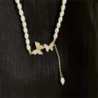 Luxury Pearl Butterfly Beaeded Chokers Necklace Female Simple Asymmetric Link Chain Y Long Necklaces Adjustable Pendant