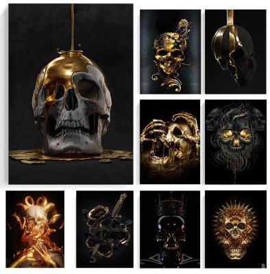 ↂ❐❇ บทคัดย่อ Metal Skull รูปปั้นผ้าใบ Golden พิมพ์โปสเตอร์ภาพวาด Wall Art รูปภาพสำหรับห้องนั่งเล่นตกแต่งบ้านไม่มีกรอบ Cuadros