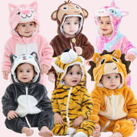 ทารก Romper ชุดจั๊มสูทมีฮู้ด Kigurumi คอสเพลย์ชุดนอนชุดเสือสัตว์ชุดนอนผ้าสักหลาด