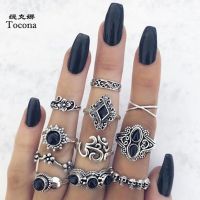 Tocona Vintage Black Crystal Stone Silver Color Rings for Women Geometric Carve Flowers Moon Boho Jewelry Wedding Ring anillos