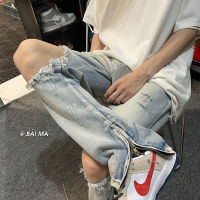 【CW】Men Jeans Streetwear Knee Ripped Loose Hip Hop Fashion Hole Pants Zipper Ankle High Quality Male Casual Mopping Denim Trousers