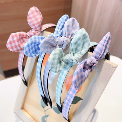 【YF】 2023 Spring Summer Cloth Colorful Plaid Cute Bunny Rabbit Ear Hairbands For Girl Kids Kawaii Fairy Beach Thin Headband Fashion