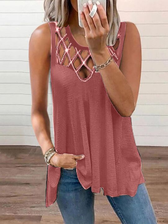 summer-new-sexy-hollow-hot-drilling-sleeveless-vest-solid-color-t-shirt-womens-casual-top-o-neck-fashion-oversize-tank-tshirts
