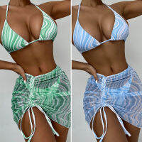 3 Pieces Wave Bikini Sarong Beach Wrap Buttocks See-Through Swimsuit Mini Dress Ruched Winter Mujer Streetwear Outfit Swimwear