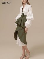 【YF】 XITAO Two Piece Set Irregular Pleated Dress Women Clothes 2020 Spring New Stand Collar Puff Sleeve Personality  ZY3560