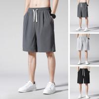 Men Beach Shorts Slant Pockets Elastic Waist Drawstring Breathable Solid Color Summer Male Casual Short Pants Trousers