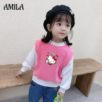 AMILA เสื้อสเวตเตอร์แขนยาวปะต่อแฟชั่น,เสื้อสเวตเชิ้ตแขนยาวเด็กผู้หญิงลายการ์ตูนน่ารัก