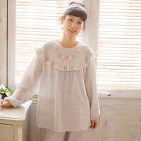 [COD] [Manqiu] Womens Cotton Gauze Embroidery Pullover Sleeve Two-piece Set Round Neck Homewear