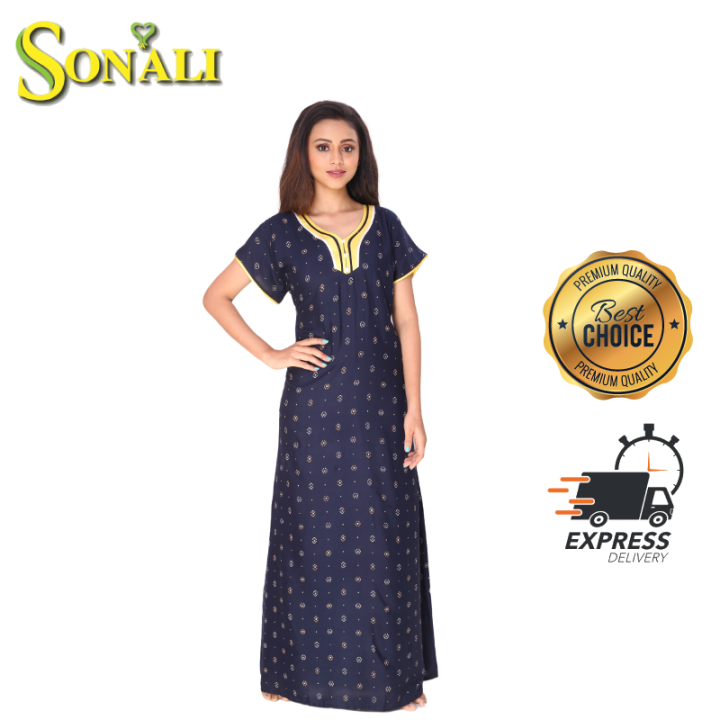 Sonali Ladies Blue Cotton Comfy Night Wear Nighty / House Coats / Plus