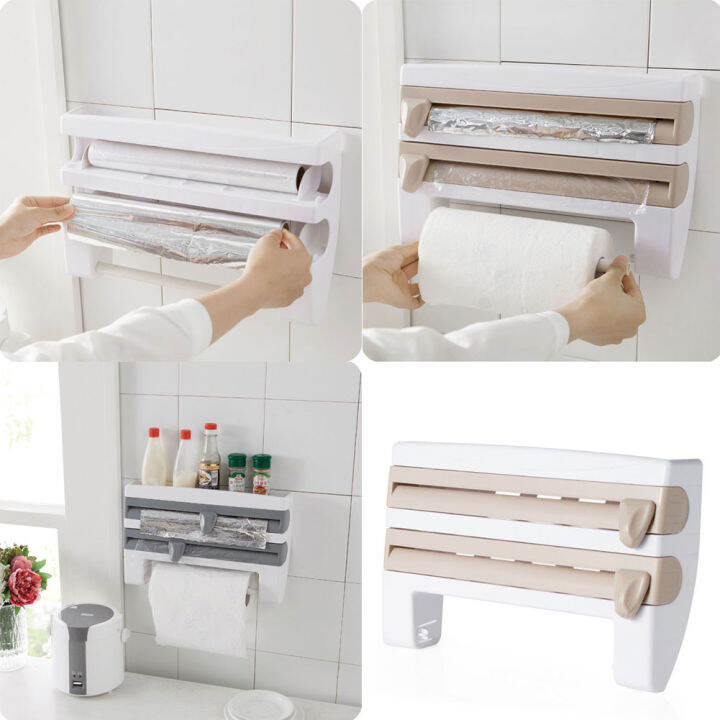 Triple Dispenser Plastic Cling Wrap Dispenser WallMount Sauce Bottle Storage Holder,WallMount