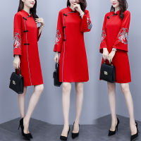 【CW】Traditional Chinese New Year Winter Spring Cheongsam Dresses Women Red Balck Embroidery Vintage Mini Dress Qipao