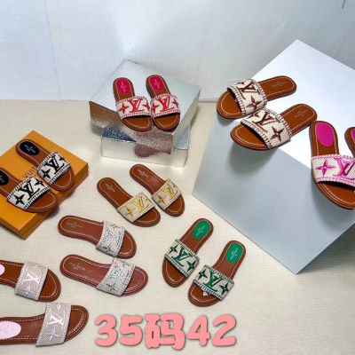 Versatile Embroidered Color Matching Flat Bottom Slippers for Womens Casual Letter Embroidered Slippers