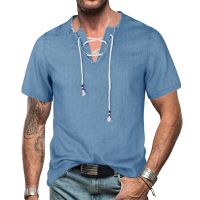 2023New Summer Fashion European and American Mens Denim Shirt V-Neck Lace-up Tassel Solid Color Denim Clothes For Men