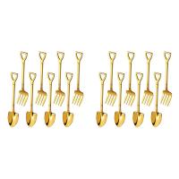 16 Pieces Shovel Spoon Fork Shovel Coffee Spoon Shovel Handle Dessert Spoon Ice Cream Spoon Shovel Shape Fork (Gold)